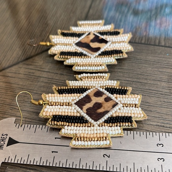 Aztec Shape, Seed Bead, Animal Pattern Fur, Fabric Earrings - Picture 9 of 13